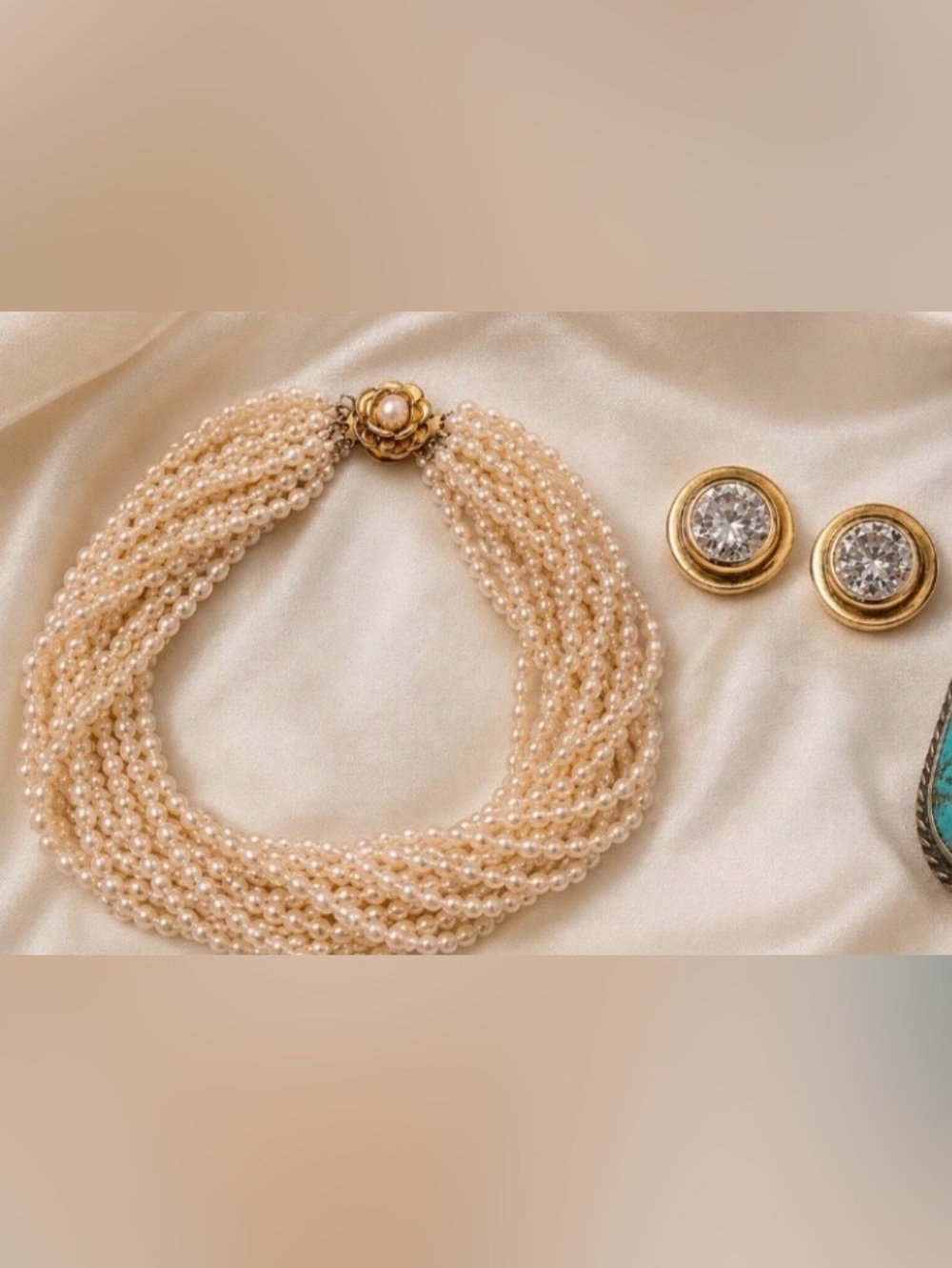 400! Today only! Multi-Strand Cream Pearl Necklace & 14k Diamond bezel set
